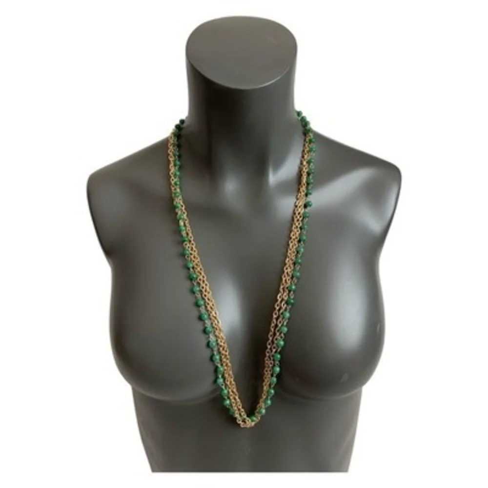 HongKong Gold Tone Chain Necklace Green Beads Multilayered Oversized Jewelry 32